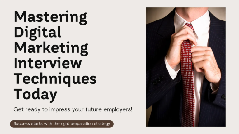 Man adjusting red tie and text "Mastering Digital Marketing Interview Techniques Today" with "Success starts with the right preparation strategy".