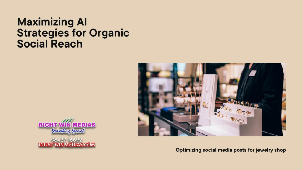 Presentation slide on AI strategies for organic social reach with an image of a jewelry display counter. Right Win Medias logo included.