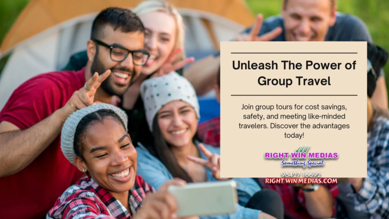 Group of friends taking a selfie in front of a tent, promoting the benefits of group travel for cost savings and meeting new people.