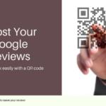 Hand pointing at QR code, promoting Google reviews with text "Boost Your Google Reviews. Get feedback easily with a QR code.