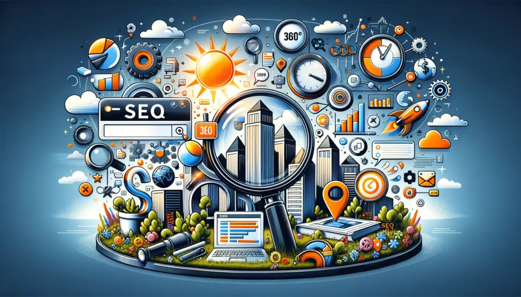 Illustration of SEO elements with a cityscape, magnifying glass, charts, and digital icons representing data and analytics.